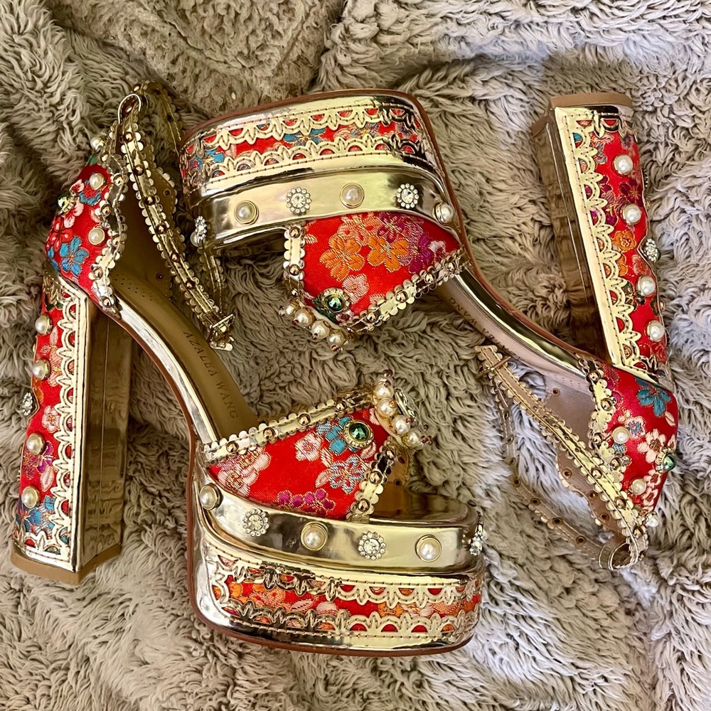 New Azalea Wang Party Peep Platform Heels Embellished Satin Victorian Ankle 6 - Picture 1 of 12